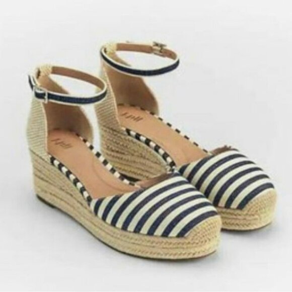J. Jill Womens Cecile Espadrilles Blue Striped Ankle Strap Wedge Sandal Size 11 - Picture 1 of 13